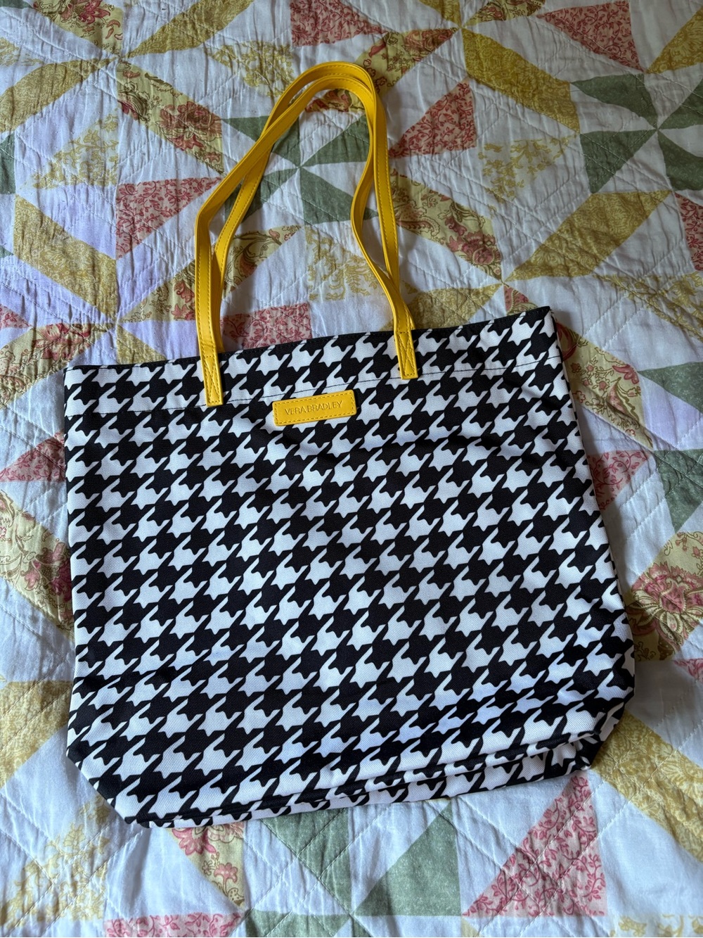 Vera Bradley Black & White Houndstooth Tote with Yellow Handles